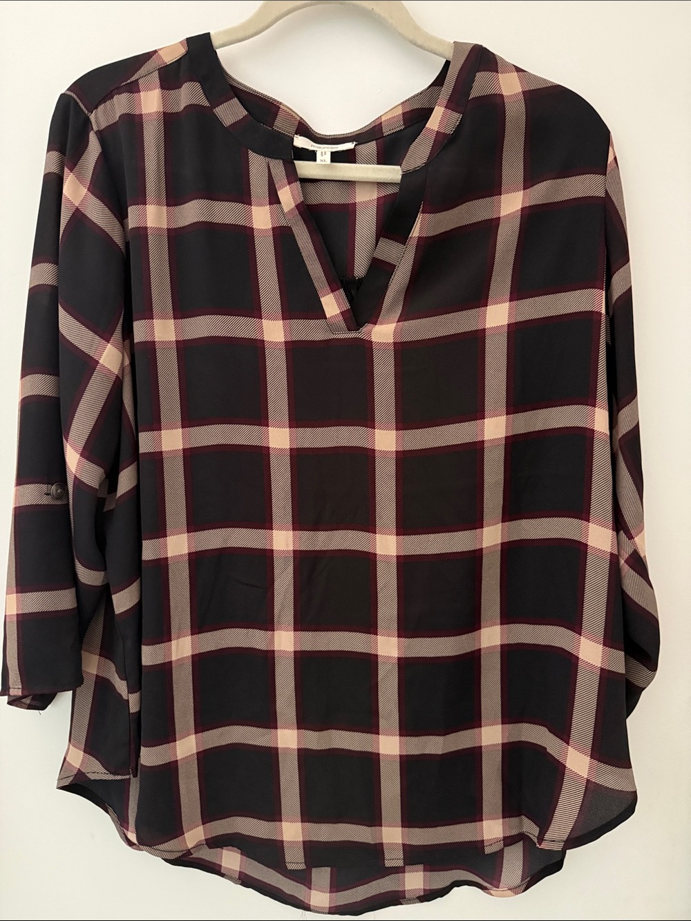 Maurices Black Plaid Split-Neck Tunic with Pink and Cream Checks